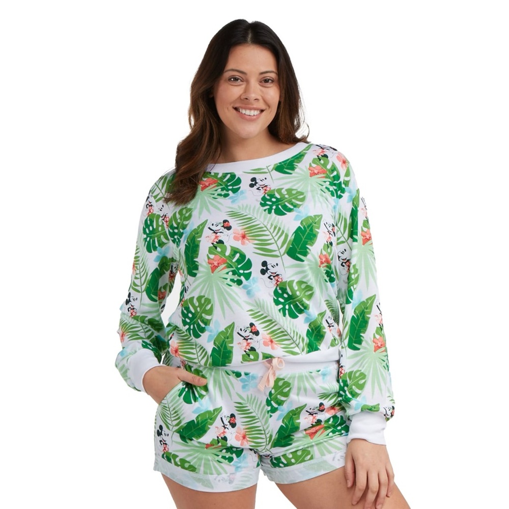 Disney Green and White Mickey & Minnie Mouse Leaf Print Top